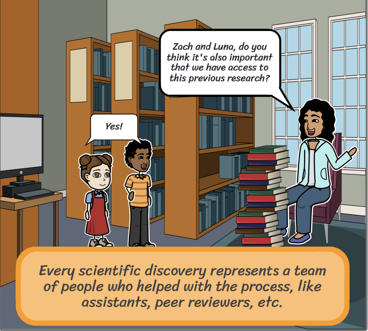 Kids and their teacher in front of a book shelf talking about science